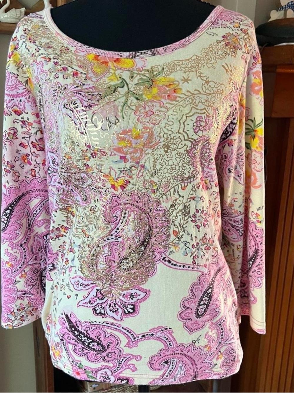 Paisley y2k Boho Scoop-Neck Long Sleeve Top in Pink and Cream